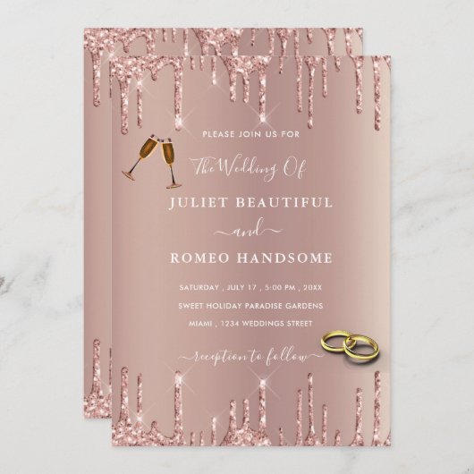 Roos Blush Glitter Drift Rings Wedding Invitation (Voorkant / Achterkant)