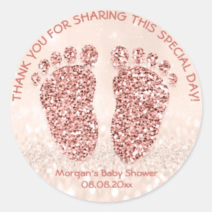 Roos Blush Glitter Feet Baby shower Favor Dank Ronde Sticker