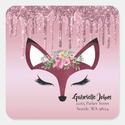 Roos Blush Glitter Paint Girly Fox Envelope Seal Vierkante Sticker (Voorkant)