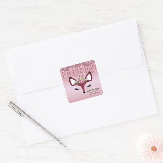 Roos Blush Glitter Paint Girly Fox Envelope Seal Vierkante Sticker (Envelop)
