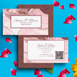 Roos Blush & Gold Glitter Agate QR Code Visitekaartje