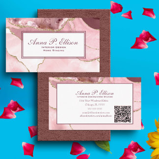 Roos Blush & Gold Glitter Agate QR Code Visitekaartje