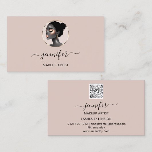 Roos Blush Gouden Make-up Artiest Logo Lashes QR C Visitekaartje (Voorkant / Achterkant)