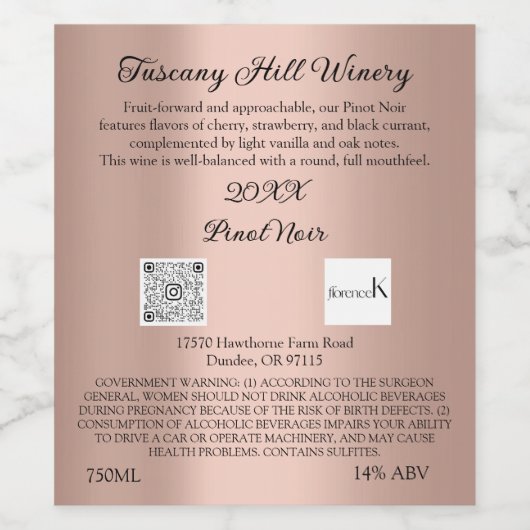 Roos Blush Naam Modern QR Code LOGO Beschrijving Wijn Etiket (Enkel label)