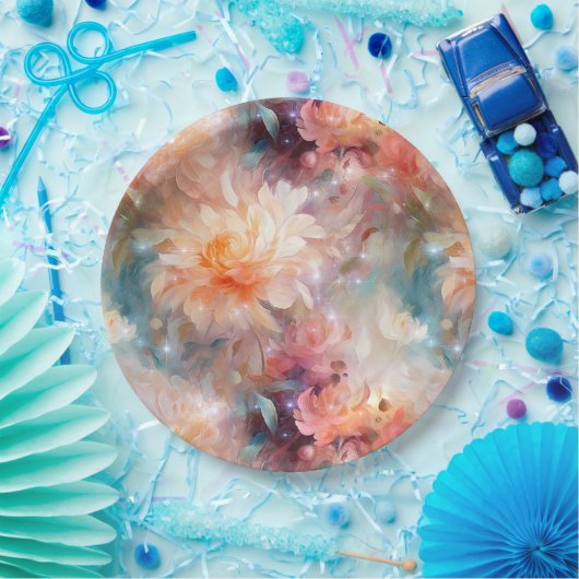 Roos Blush Perzik Sinaasappel Bloemen Papieren Bordje (Feest)