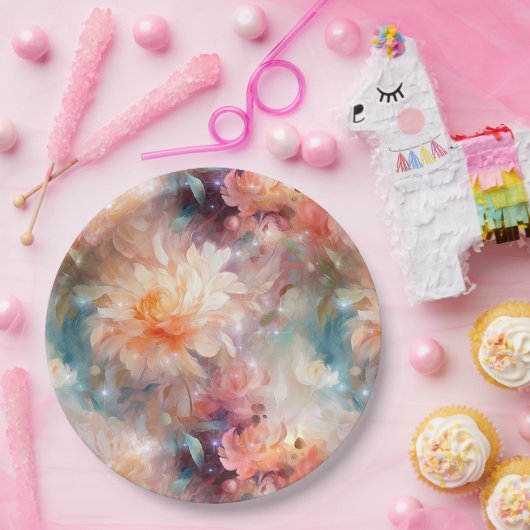 Roos Blush Perzik Sinaasappel Bloemen Papieren Bordje (Feest)