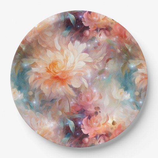 Roos Blush Perzik Sinaasappel Bloemen Papieren Bordje (Voorkant)