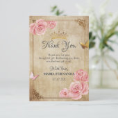 Roos Blush Pink Butterfly Crown Gold Quinceanera Bedankkaart (Staand voorkant)
