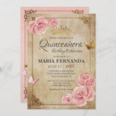 Roos Blush Pink Butterfly Crown Gold Quinceanera Kaart (Voorkant / Achterkant)