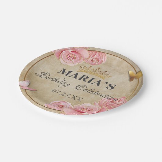 Roos Blush Pink Butterfly Crown Gold Quinceanera Papieren Bordje (Gekanteld)