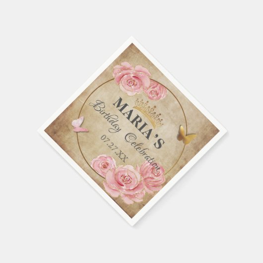 Roos Blush Pink Butterfly Crown Gold Quinceanera Servet (Hoek)