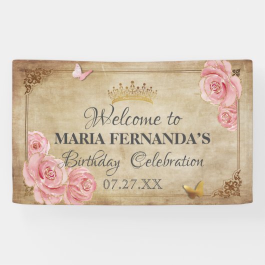 Roos Blush Pink Butterfly Crown Gold Quinceanera Spandoek (Horizontaal)