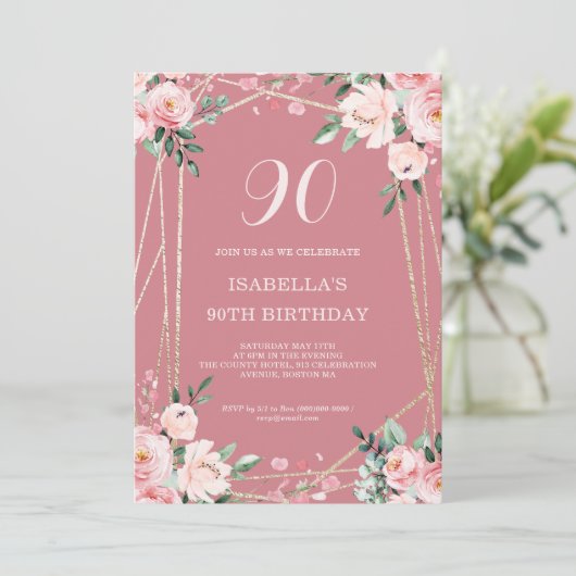 Roos | Blush Pink Floral 90e verjaardag uitnodigin Kaart (Staand voorkant)