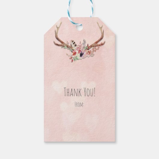 Roos Blush Pink Floral Deer Antlers Boho Chic Cadeaulabel (Achterkant)