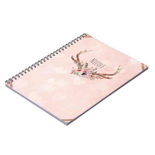 Roos Blush Pink Floral Deer Antlers Boho Chic Notitieboek (Linkerzijde)