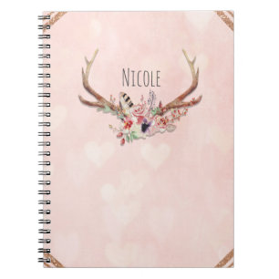Roos Blush Pink Floral Deer Antlers Boho Chic Notitieboek