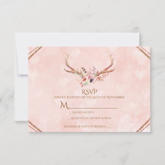 Roos Blush Pink Floral Deer Antlers Boho RSVP Kaartje (Voorkant)