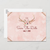 Roos Blush Roze Bloemen Herten Antlers Save The Da Aankondigingskaart (Voorkant / Achterkant)