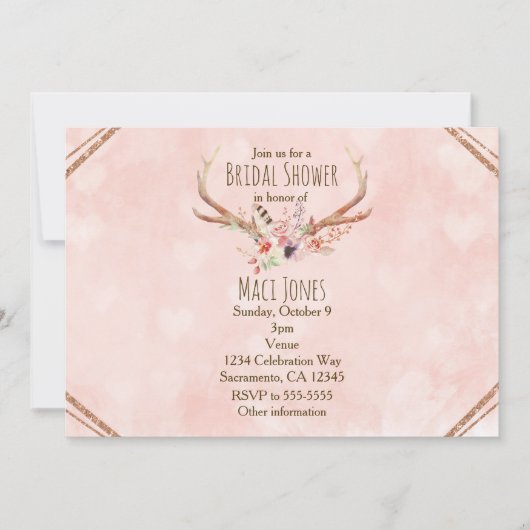 Roos Blush Roze Bloemen Herten Uitnodigingen (Voorkant)