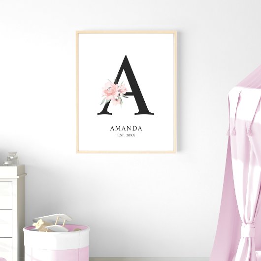Roos Blush roze letter 'A' Nursery Name Wall Art Poster