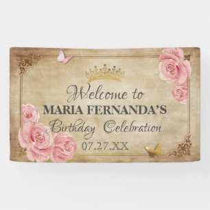 Roos Blush Roze Vlinder Kroon Goud Quinceanera Spandoek