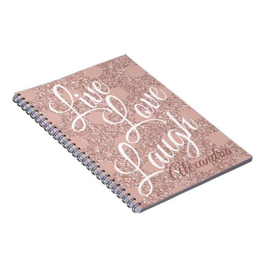 Roos Blush Script Live Liefde Lach Glitter Stippen Notitieboek (Rechterzijde)