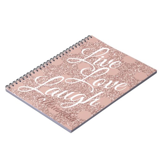 Roos Blush Script Live Liefde Lach Glitter Stippen Notitieboek (Linkerzijde)