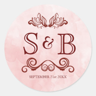 Roos Blush Waterverf Bruiloft Monogram Ronde Sticker