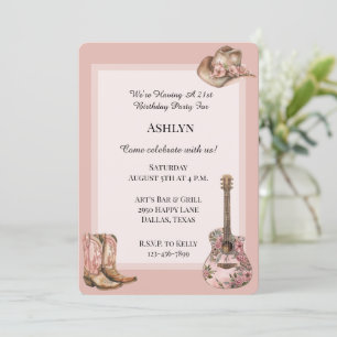 Roos Blush Western Cowgirl Bloemen Gitaar Verjaard Kaart