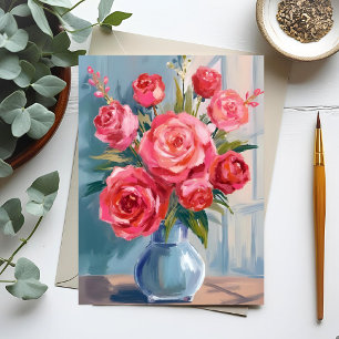 Roos Boeket   Rode Bloemenvaas Aquarel Bloemschild Briefkaart
