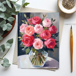 Roos Boeket | Rode Bloemige Aquarel Schildering Briefkaart