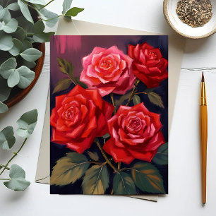 Roos Boeket   Rode Bloemige Aquarel Schildering Briefkaart