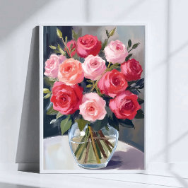 Roos Boeket | Rode Bloemige Aquarel Schildering Poster