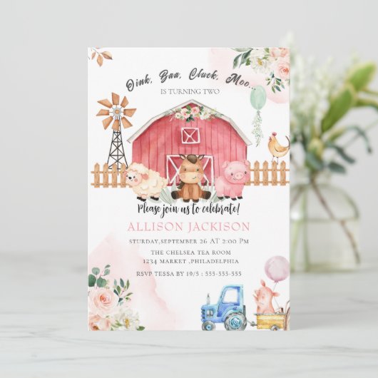 roos Boerderij Barnyard Animals Birthday Bash Invi Kaart (Staand voorkant)