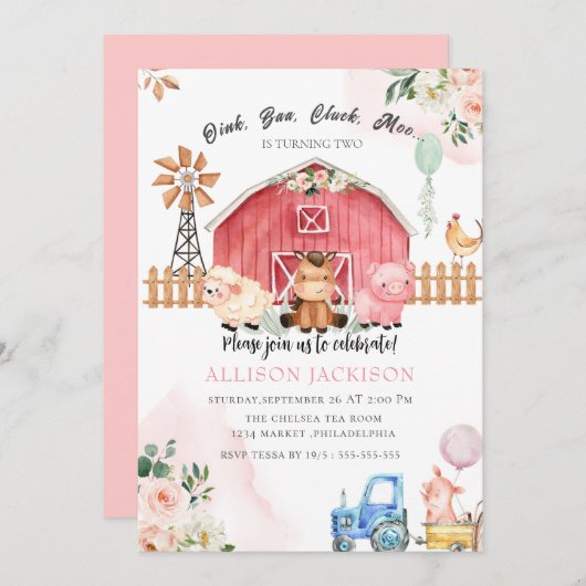 roos Boerderij Barnyard Animals Birthday Bash Invi Kaart (Voorkant / Achterkant)