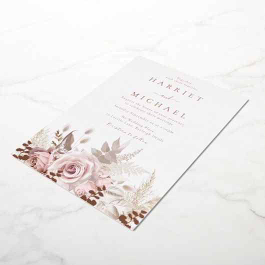 Roos Boho Floral Lijst bruiloft Folie Uitnodiging (Gedraaid)