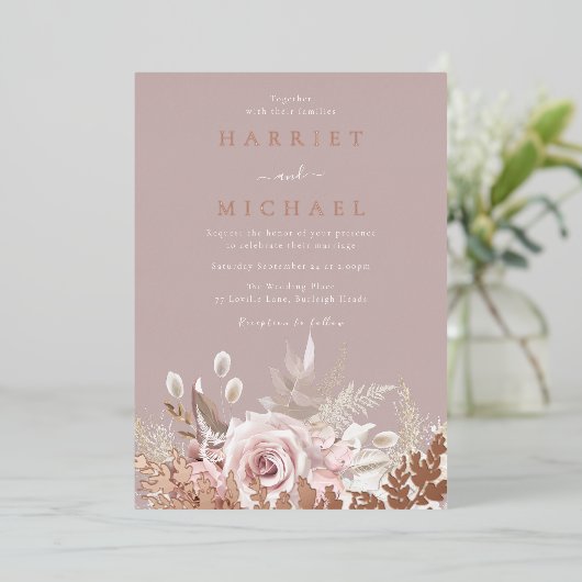 Roos Boho Floral Lijst Wedding Real Folie Uitnodiging (Staand Voorkant)