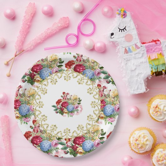  Roos Botanisch met Elegant Gold Filigree Papieren Bordje (Feest)