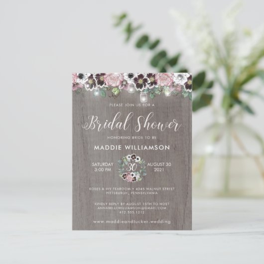 Roos Bourgondië Rustieke Boho Bruidsfeest Uitnodig Briefkaart (Staand voorkant)