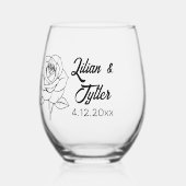 Roos, bruid en bruidegom naam en trouwdatum wijnglas zonder voet (Voorkant)