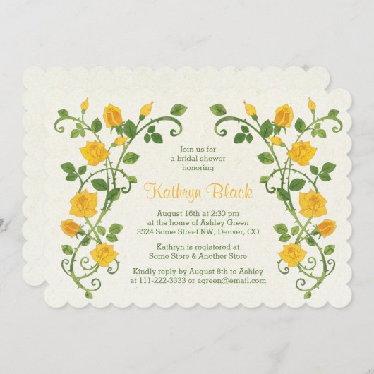 Roos bruidsdouche uitnodiging | Gele Waterverf (Voorkant / Achterkant)