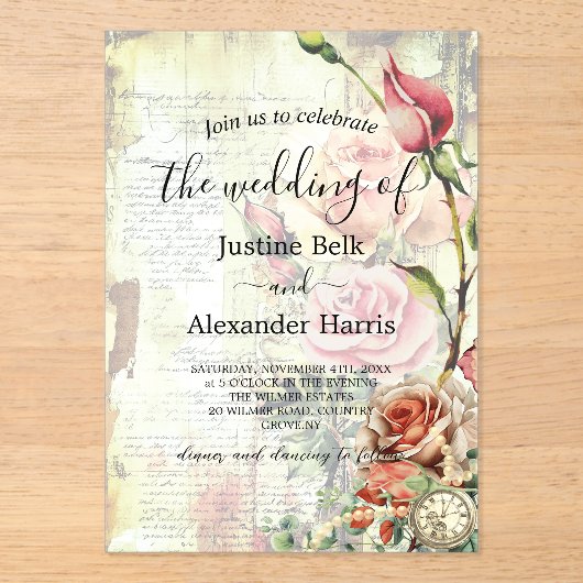 Roos bruiloft Acryl Uitnodigingen (Voorkant)