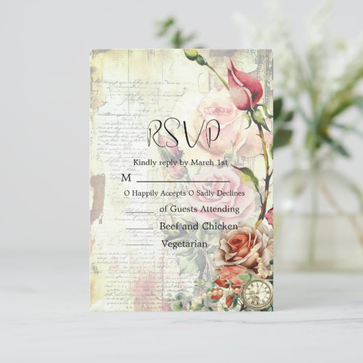 Roos bruiloft RSVP Kaartje (Staand voorkant)