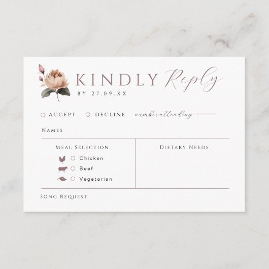 Roos bruiloft uitnodigen antwoord Kaart met voedse (Voorkant)