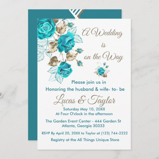 Roos bruiloft uitnodigingen met Turquoise & Gold (Voorkant / Achterkant)
