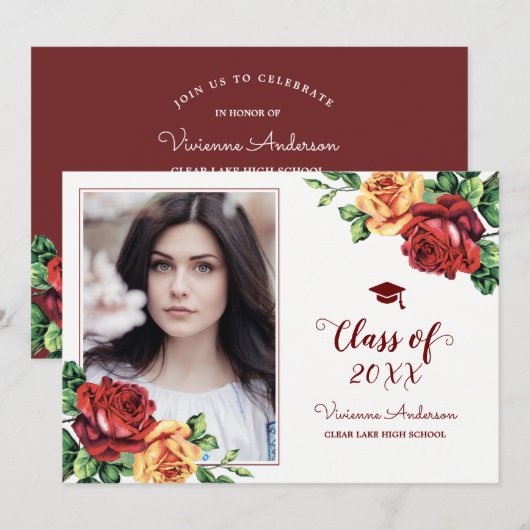  Roos Burgundy Red Afstuderen Foto Afstudeerder Kaart (Voorkant / Achterkant)