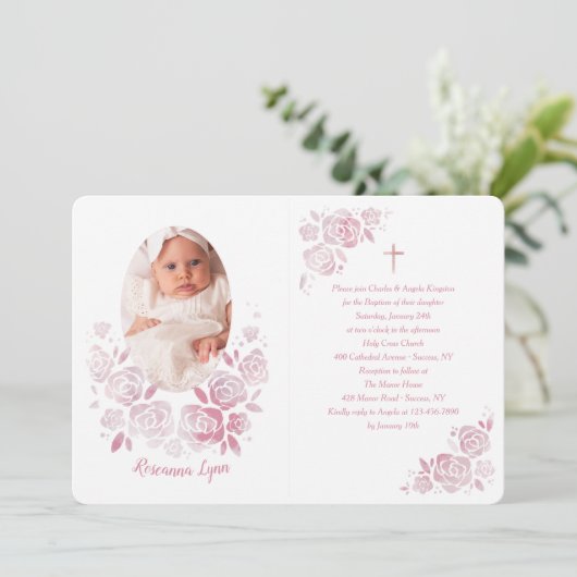 Roos Cameo Doop Foto Uitnodiging (Staand voorkant)