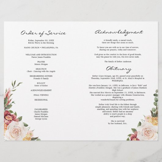 Roos Celebration of Life Folded Funeral Programme Flyer (Achterkant)