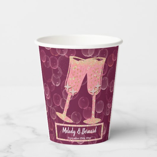 Roos Champagne Bubbles & Glasses Wedding Celebrate Papieren Bekers (Achterkant)