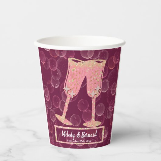 Roos Champagne Bubbles & Glasses Wedding Celebrate Papieren Bekers (Voorkant)
